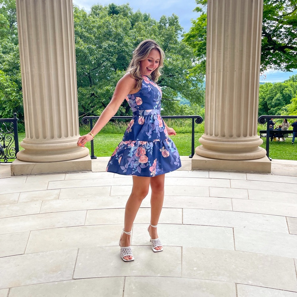 Chi chi London Floral Printed Tiered Skirt Mini Dress in Navy